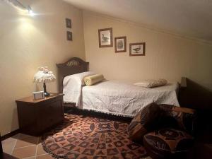 ein Schlafzimmer mit einem Bett und einem Tisch mit einer Lampe in der Unterkunft Villa Pampaloni - Villa vacanze con Buffet di benvenuto in Fabrica di Roma