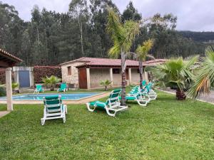 un grupo de sillas sentadas en el césped junto a una piscina en Casas do Picoutinho, en Ponte de Lima