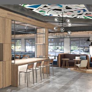 a rendering of a restaurant lobby with tables and chairs at Home2 Suites By Hilton Austin East Side in Austin
