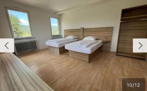 two beds in a large room with two windows at Tacidur Home in Tuttlingen