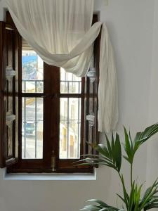 una ventana con una cortina y una planta delante de ella en Alojamiento La Escalera, en Alhama de Granada