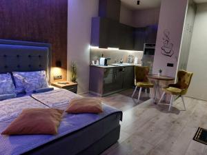 a bedroom with a large bed and a kitchen at Silver Dawn Apartments in Szeged