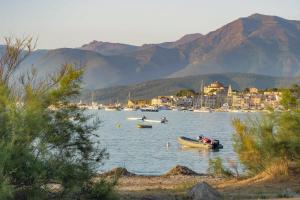 un groupe de bateaux dans une masse d'eau avec des montagnes dans l'établissement U Pezzo, à Saint-Florent