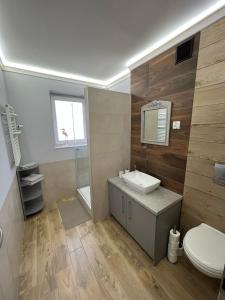 La salle de bains est pourvue d'un lavabo, de toilettes et d'un miroir. dans l'établissement eMKa Noclegi apartamenty, à Augustów