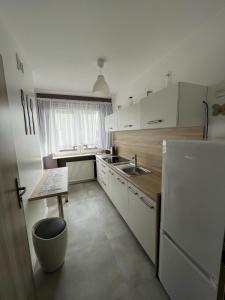 a small kitchen with a sink and a refrigerator at eMKa Noclegi apartamenty in Augustów