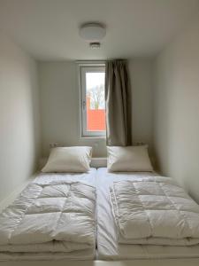 a bedroom with two beds and a window at Luxe lodges met airco in Oostkapelle