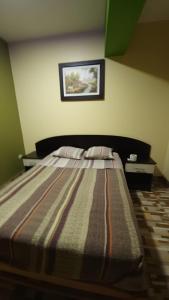 a bedroom with a bed with a striped blanket at Hostal Nochero's in Tacna
