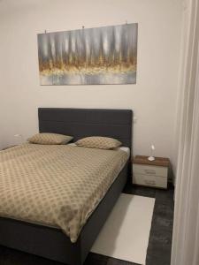 ein Schlafzimmer mit einem Bett und einem Wandgemälde in der Unterkunft Moderno bilocale vista lago Maggiore in Gordola