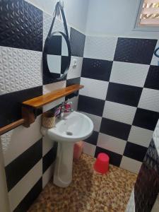 a bathroom with a sink and a mirror at la Maison rouge in Toliara