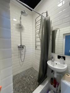 een badkamer met een douche en een wastafel bij Luxury_loft in Kamjanets-Podilsky
