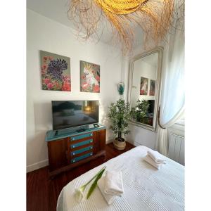 1 dormitorio con 1 cama, TV y espejo en La Casa del Barco del Humo, en Vigo