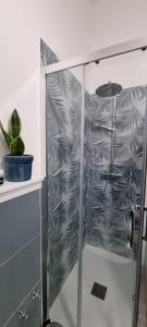 ducha con puerta de cristal y maceta en Il Melograno, en Guidonia