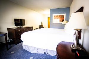 a bedroom with a bed and a lamp and a tv at Manistee Inn & Marina in Manistee