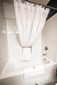 a bathroom with a tub and a shower curtain at Manistee Inn & Marina in Manistee