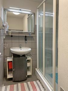 La salle de bains est pourvue d'un lavabo et d'une douche en verre. dans l'établissement Comodo pied-à-terre ad Ascona, à Ascona
