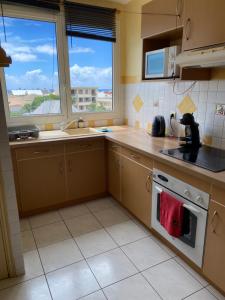 a kitchen with a stove and a sink and two windows at Le concorde T2 au cœur du Grand Carré hypercentre in Saint-Denis