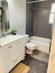 a bathroom with a toilet and a sink and a tub at Sandy Hill Retreat - 3 Bedroom + Den, 2 Bath House with Fitness Equipment in Abbotsford