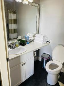 a bathroom with a sink and a toilet and a mirror at Sandy Hill Retreat - 3 Bedroom + Den, 2 Bath House with Fitness Equipment in Abbotsford