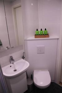 een badkamer met een wit toilet en een wastafel bij Kodikas hyvin varusteltu yksiö, autopaikalla in Vantaa