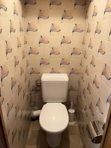 een badkamer met een toilet en een muur met vis erop geschilderd bij Résidence Les Granges De Collomb - 2 Pièces pour 4 Personnes 22 in Combloux