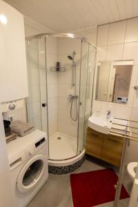 ein Bad mit einer Dusche und einer Waschmaschine in der Unterkunft Casa Pinos City in Friedrichshafen