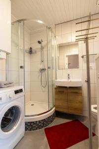 ein Bad mit einer Dusche und einer Waschmaschine in der Unterkunft Casa Pinos City in Friedrichshafen