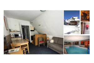 a collage of pictures of a living room and a kitchen at LE CHALET - Piscine - Studio pour 4 Personnes 804 in Gourette