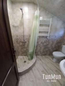 uma casa de banho com um chuveiro, um WC e um lavatório. em Green guest house em Dilijan