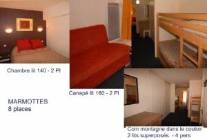 a collage of pictures of a hotel room with a bed and a staircase at Résidence MARMOTTES - Studio pour 8 Personnes 014 in Gourette