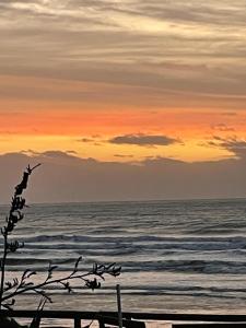 una puesta de sol en la playa con el océano en Absolute Beachfront Luxury Accommodation, en Paraparaumu