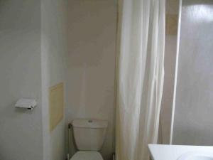 a bathroom with a toilet and a white shower curtain at Résidence Belvedere - 3 Pièces pour 8 Personnes MAE-8914 in Modane