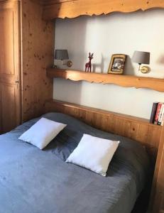 a bedroom with a blue bed with two pillows at Chalets Du Galibier I - 2 Pièces pour 4 Personnes 74 in Valloire
