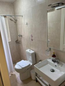 a bathroom with a toilet and a sink and a shower at Mellieha Bay Seafront With Spectacular Views3bed in Mellieħa