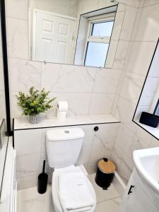 a white bathroom with a toilet and a mirror at Fantastic Home! Football Fans -5 min to Stadium in Liverpool