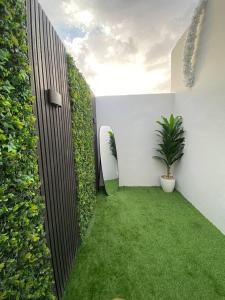 a garden with a plant in the corner of a building at Eco-friendly studio close to all services in Riyadh