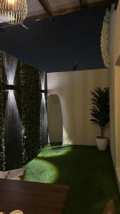 a room with a green floor and a plant at Eco-friendly studio close to all services in Riyadh