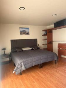 a bedroom with a bed in a room with a piano at Casa COYOACÁN in Mexico City