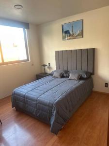 1 dormitorio con 1 cama grande con manta azul en Casa COYOACÁN, en Ciudad de México