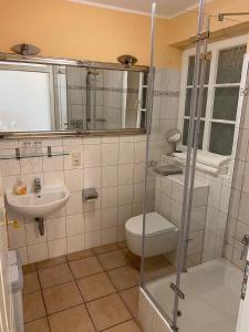 een badkamer met een toilet en een wastafel bij Großzügiges Studio mit Küchenzeile und Badezimmer in einem kleinen Fachwerkhaus mit eigener Terrasse in Dömitz