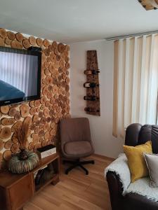 a living room with a chair and a television on a wall at Vila Antić in Pirot