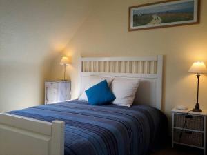 een slaapkamer met een groot bed met een blauw kussen bij Résidence P-pleumeur Bodou - Maisons & Villas 494 in Pleumeur-Bodou