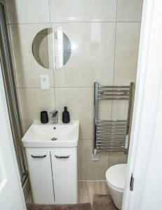 a bathroom with a sink and a toilet and a mirror at Aylesbury Apartment 1 with free parking in Buckinghamshire