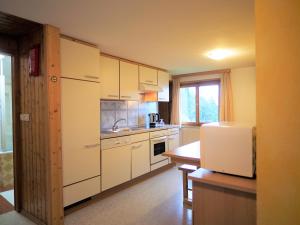 eine Küche mit weißen Schränken, einer Spüle und einem Kühlschrank in der Unterkunft Berghof Burtscher in Ludesch