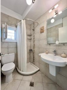 a bathroom with a toilet and a sink and a shower at Grand Blue Terrace - Island house by Hostandros in Batsi
