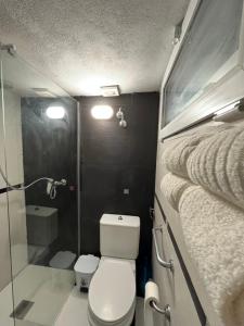 a small bathroom with a toilet and a shower at Alojamiento Casco Antiguo Salobeña in Salobreña +201 photos