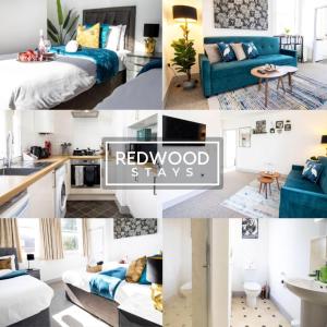 un collage de fotos de una habitación de madera roja en Modern 1 Bed 1 Bath Apartment for Corporates & Contractors, FREE Parking, Wi-Fi & Netflix By REDWOOD STAYS en Farnborough
