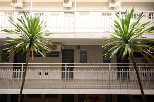 伊塔佩蒂寧加的住宿－Universitario Hotel，两棵棕榈树,在一座建筑前