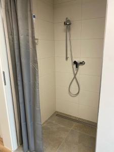 a shower with a shower curtain in a bathroom at Bruchersee 4 oberbergisches Land in Marienheide