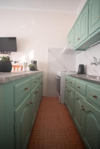 a kitchen with green cabinets and a sink at Alonaki home 1 in Mesaíon Karlovásion