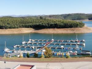 an aerial view of a marina with boats docked at Mondalva Guesthouse in São Pedro de Alva